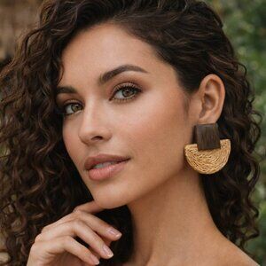 Boho Wood Fan Statement Earrings Geometric Brown Studs Modern Minimalist New